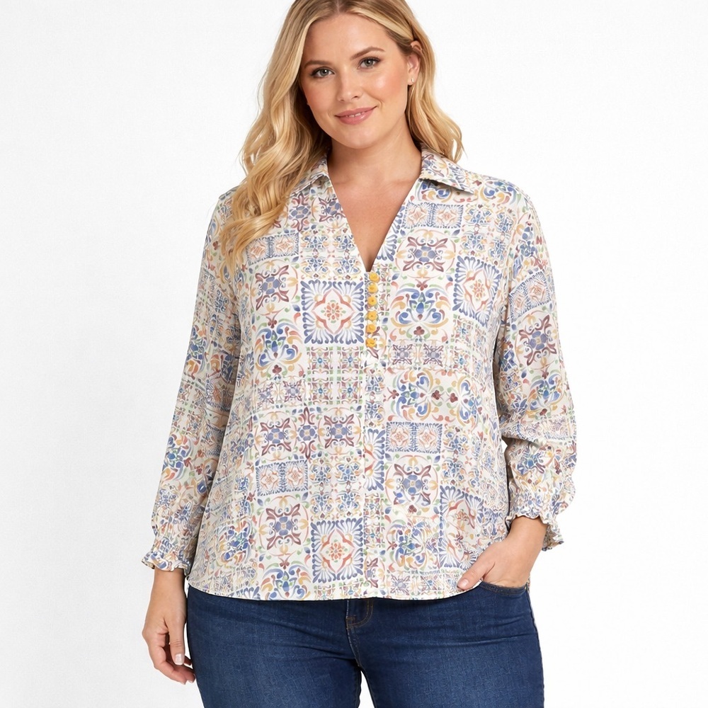 Foxcroft Alexis Blouse Tile Print Boho Popover Top Multicolor Size Large